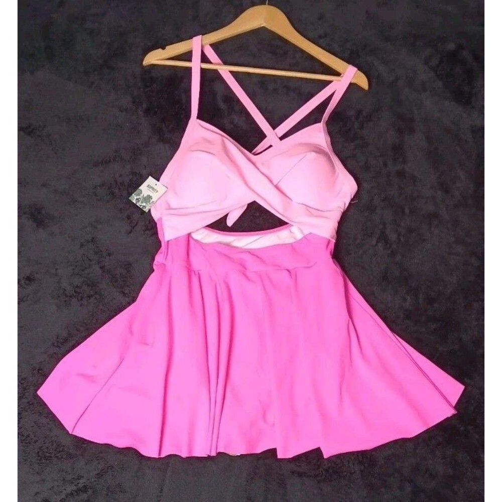 NWT! B2Prity Cutout OnePiece Swimdress Swimsuit XL Pink Colorblock Tummy Control